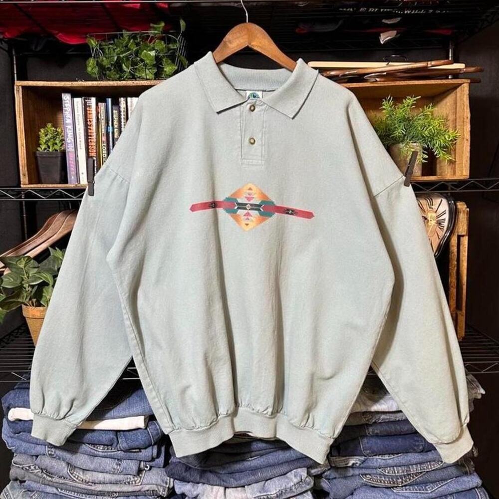 Vintage 90s Native Tribal Print Crewneck Men XL Green Henley Pullover Sweatshirt